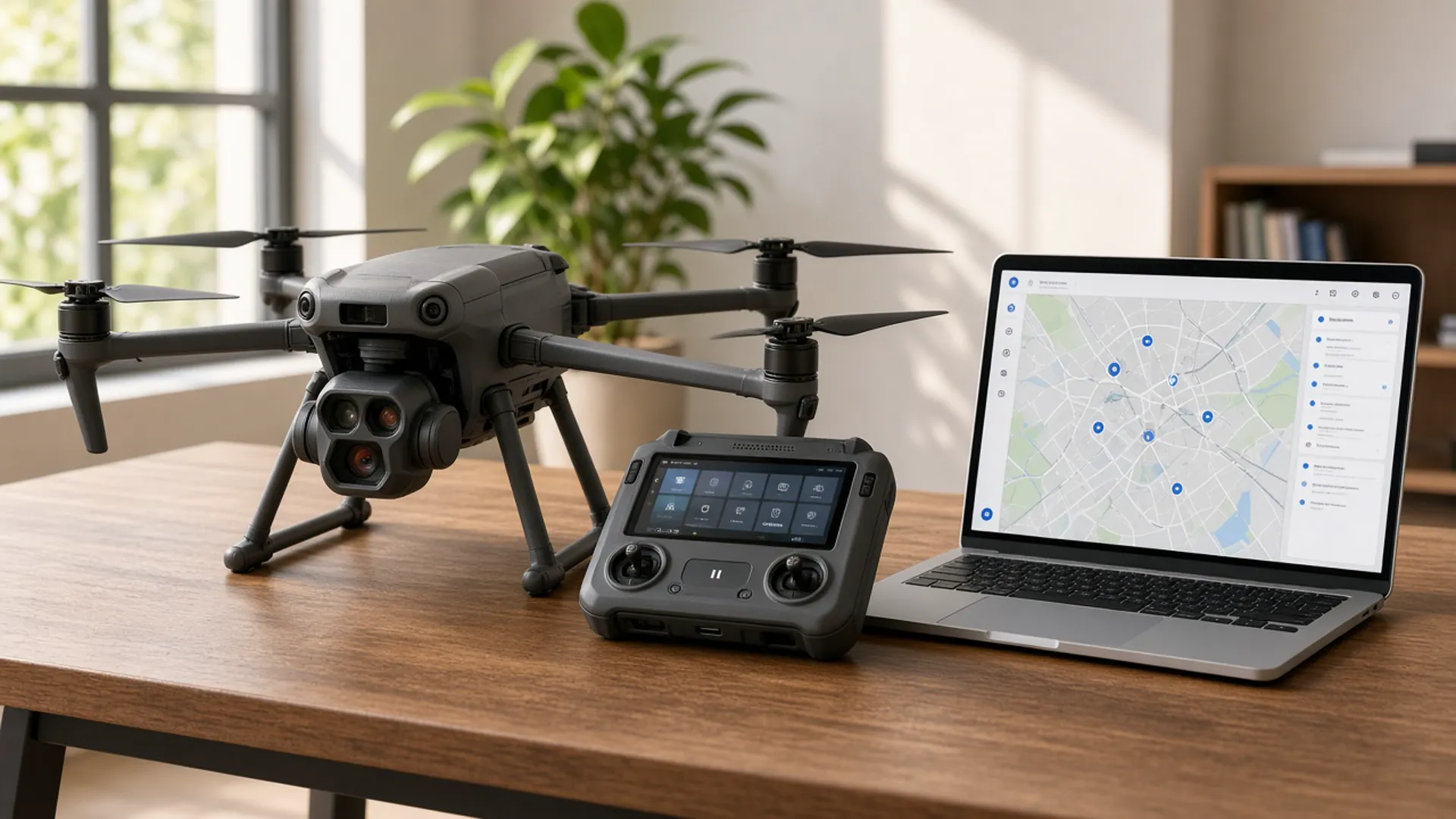 DJI Matrice 4T and RC Plus on a desk beside a laptop running the A2STS exam-preparation platform