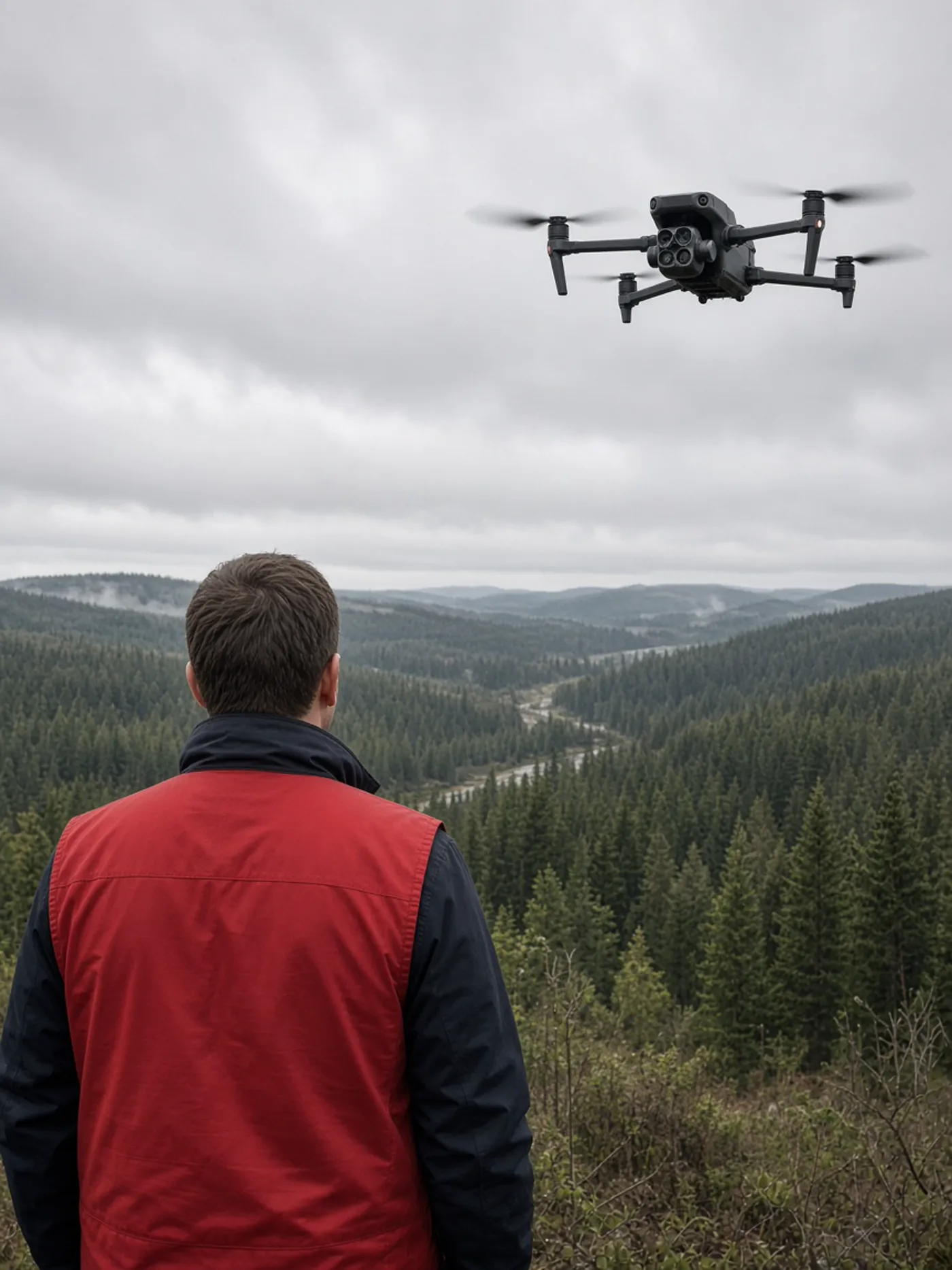 Volunteer operator in a plain red vest flying a DJI Matrice 4T over forested hills